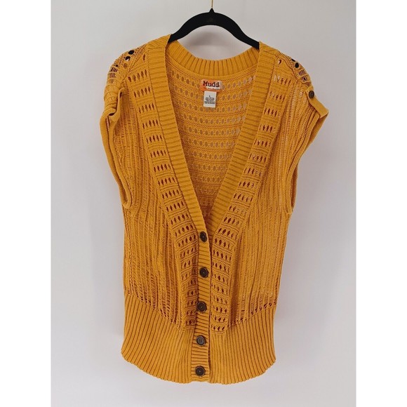 MUDD Cardigan Womens Large Mustard Sleeveless Button-Down Cable Knit 100% Cotton - Picture 1 of 7
